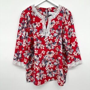 Alfred Dunner Top Shirt Blouse Size 20 Red Floral 3/4 Sleeves Bloomcore Boho‎